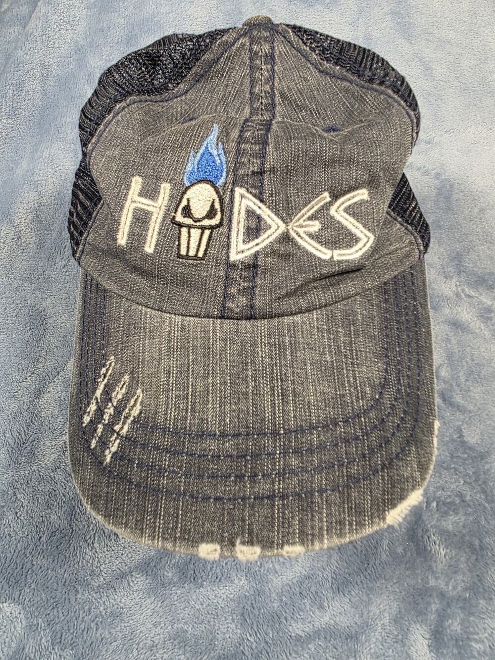 Never Worn Hades Distressed Mesh Trucker Hat Blue Flame Skull Adjustable Cap